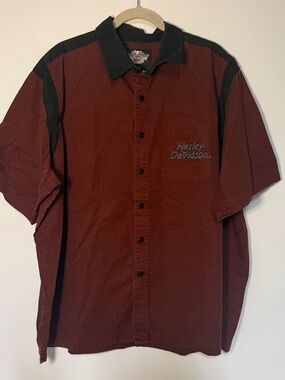 Harley-Davidson Color Block Button Up Short Sleeve Shirt Burgundy Black Moto